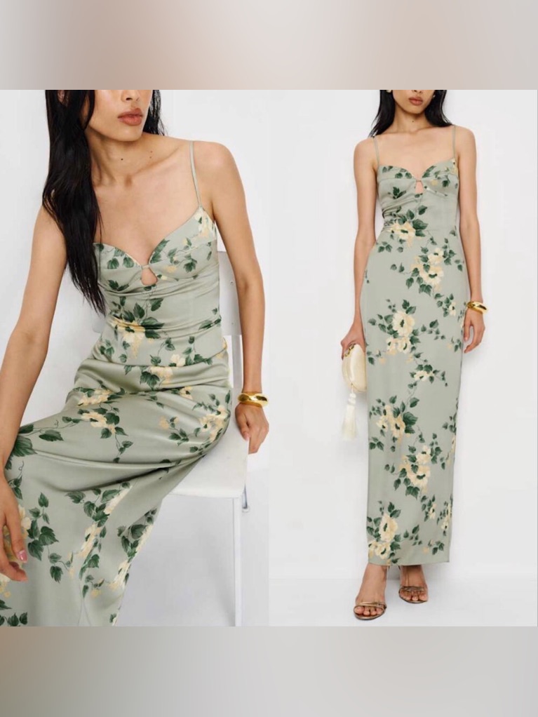 Reformation Sathia Satin Maxi Dress - Sage Green Floral